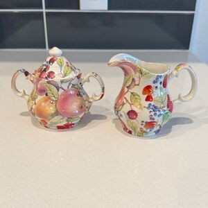 Vintage English Cottage Crownford Giftware Tea Set, Creamer, Covered Sugar Bowl
